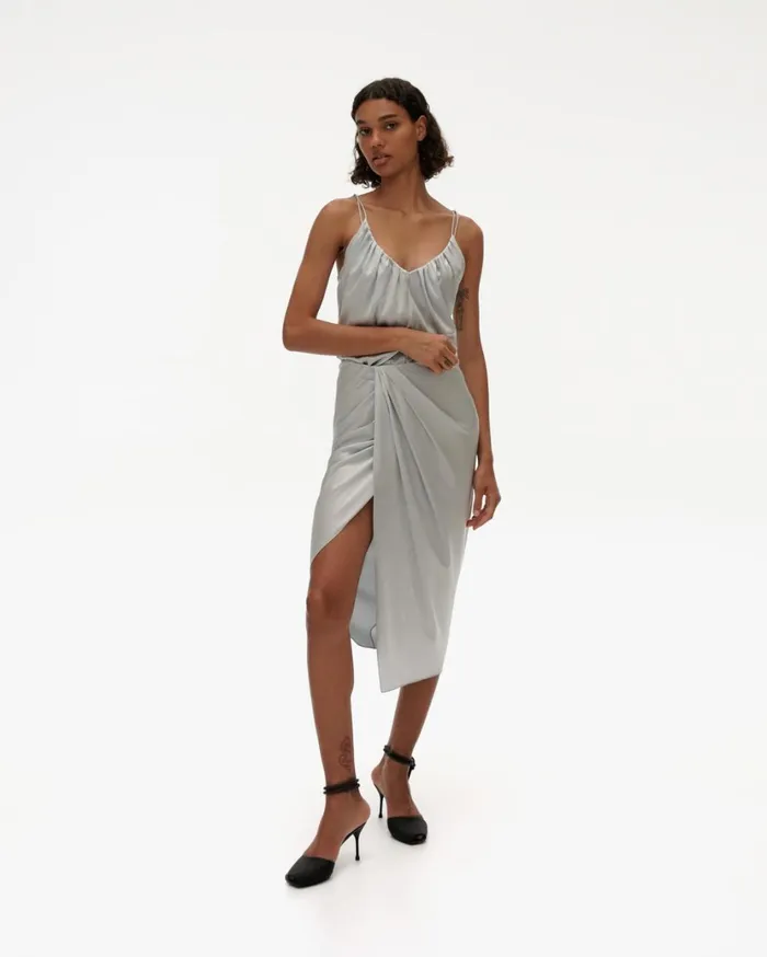 Women Ruched Silk Skirt Ash Blue Helmut Lang Skirts