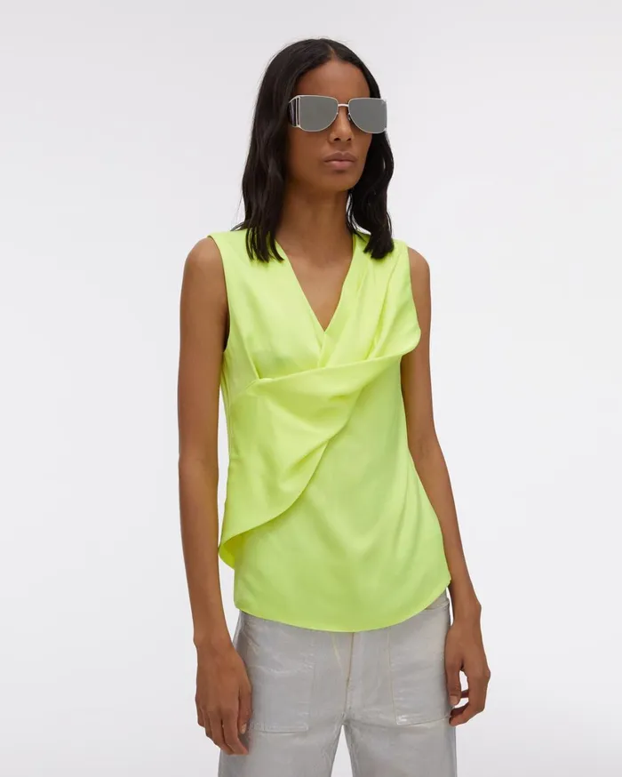 Women Satin Knot Twist Top Neon Yellow Helmut Lang Tops