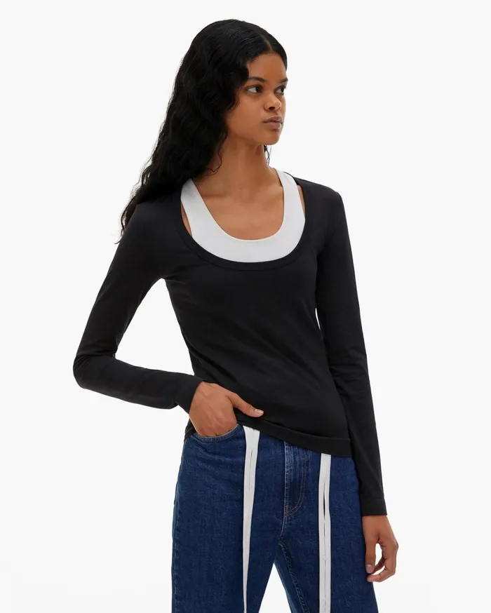 Women Scoop Neck Jersey Longsleeved TShirt Black Helmut Lang TShirts and Sweatshirts
