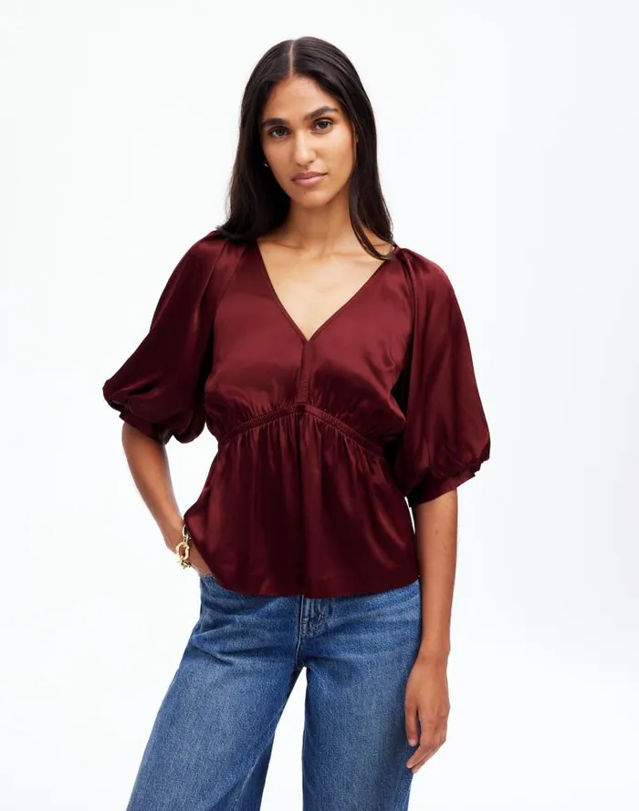 Women Shirred PuffSleeve Top In Satin Cabernet Madewell Tops and Shirts