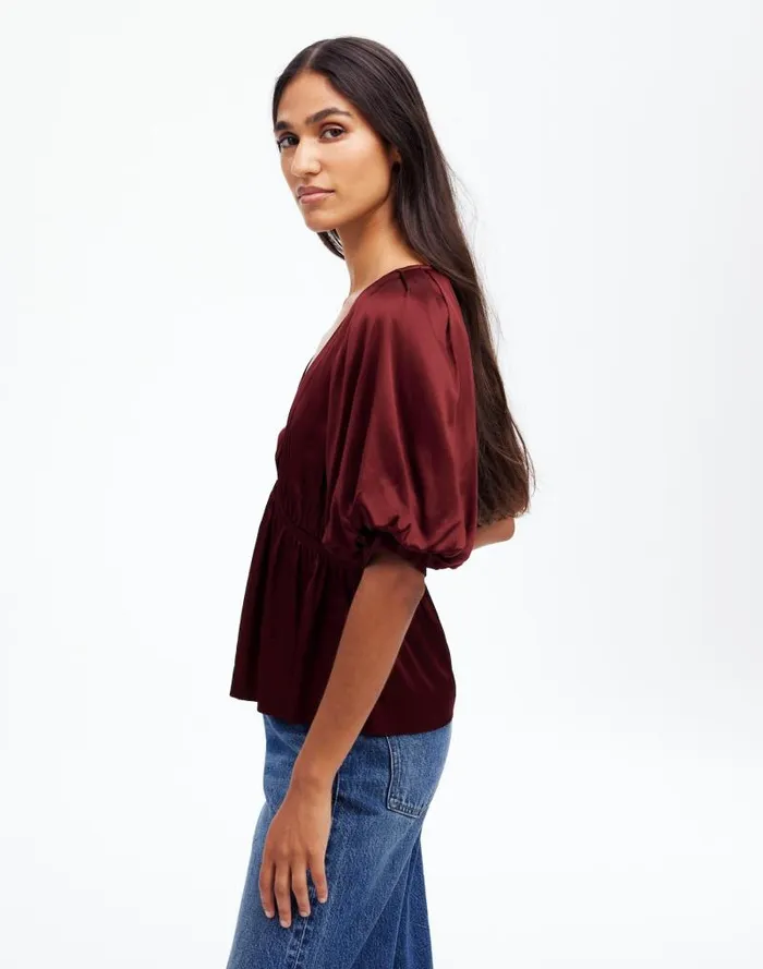 Women Shirred PuffSleeve Top In Satin Cabernet Madewell Tops and Shirts