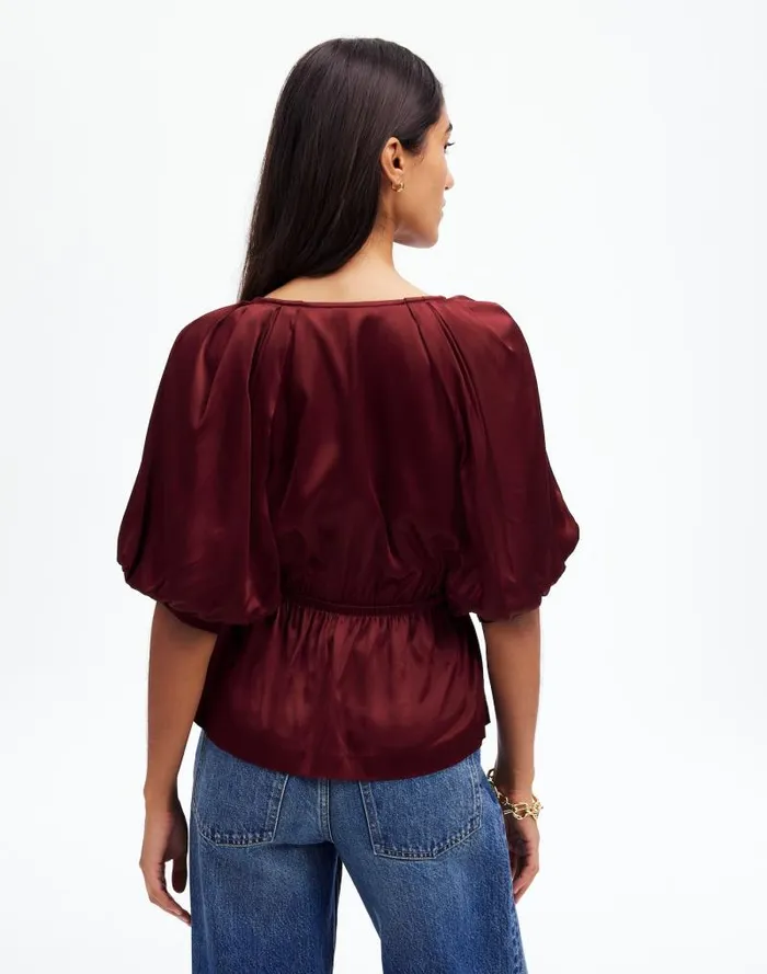 Women Shirred PuffSleeve Top In Satin Cabernet Madewell Tops and Shirts