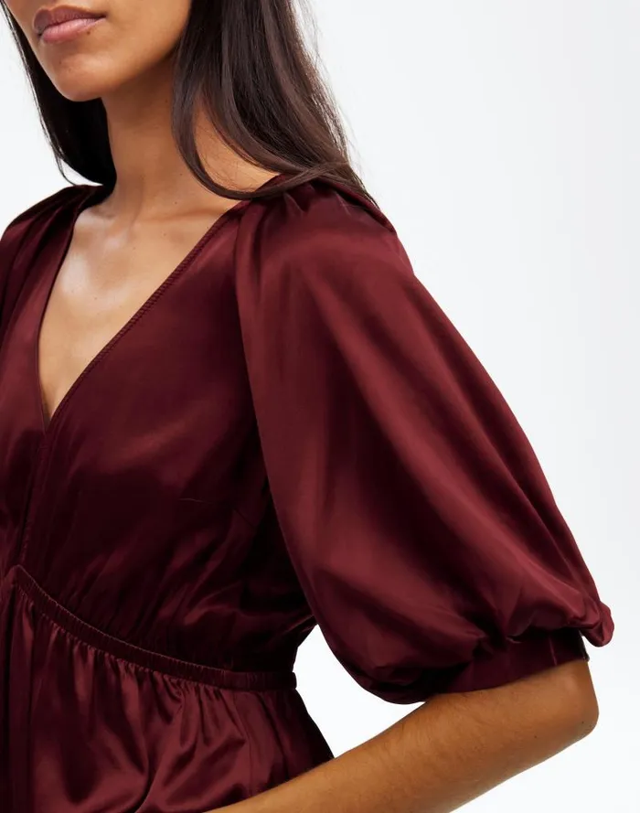 Women Shirred PuffSleeve Top In Satin Cabernet Madewell Tops and Shirts
