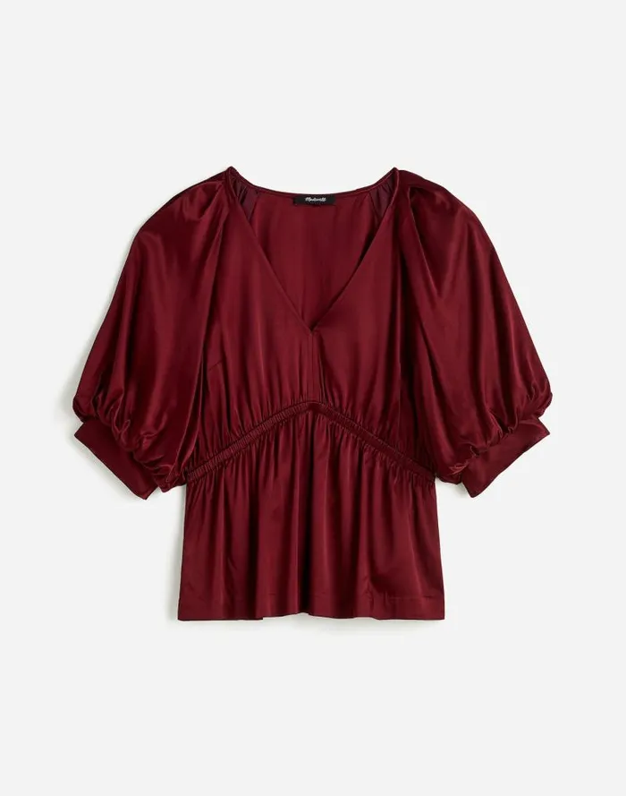Women Shirred PuffSleeve Top In Satin Cabernet Madewell Tops and Shirts
