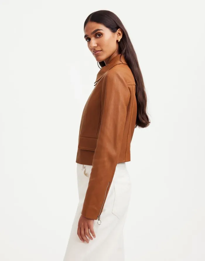 Women Shrunken ZipFront Jacket In Leather Cinnamon Stick Madewell Coats Jackets
