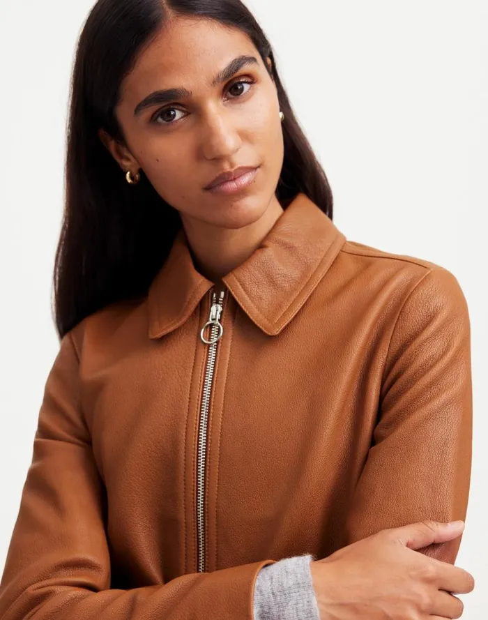 Women Shrunken ZipFront Jacket In Leather Cinnamon Stick Madewell Coats Jackets