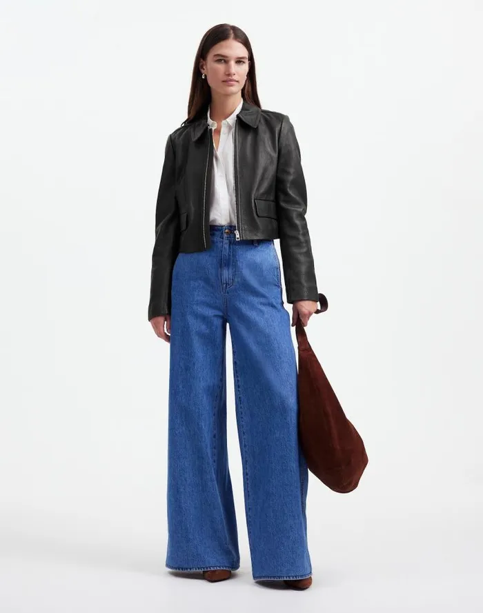 Women Shrunken ZipFront Jacket In Leather True Black Madewell Coats Jackets