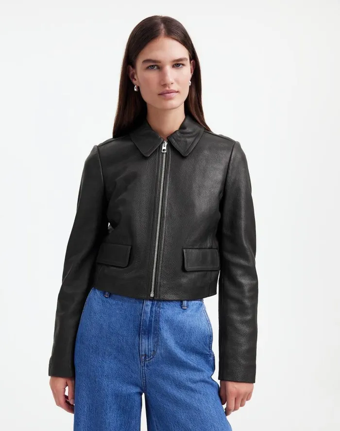 Women Shrunken ZipFront Jacket In Leather True Black Madewell Coats Jackets