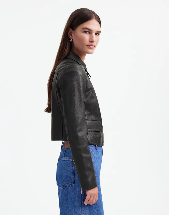 Women Shrunken ZipFront Jacket In Leather True Black Madewell Coats Jackets