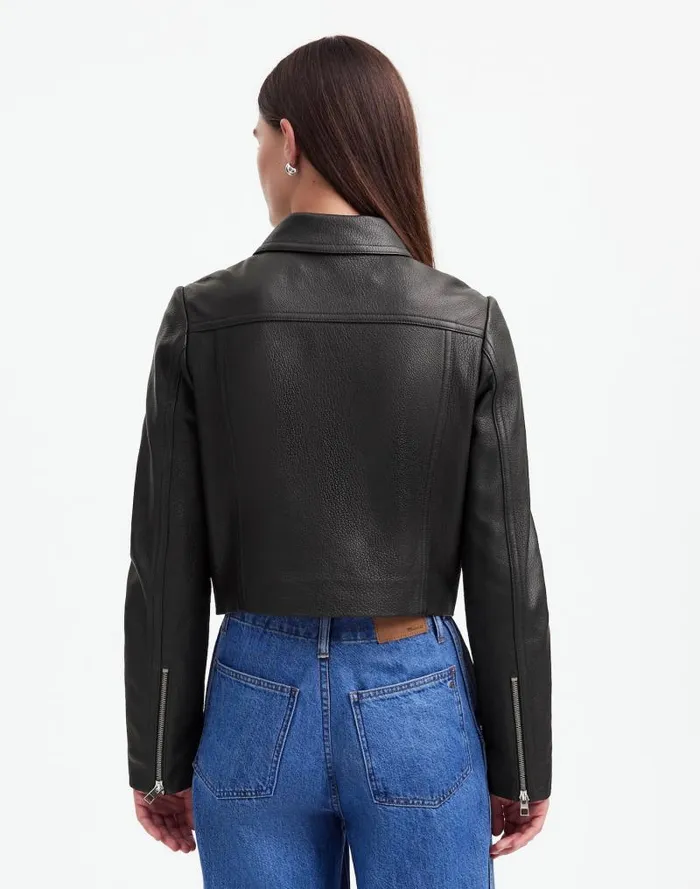 Women Shrunken ZipFront Jacket In Leather True Black Madewell Coats Jackets
