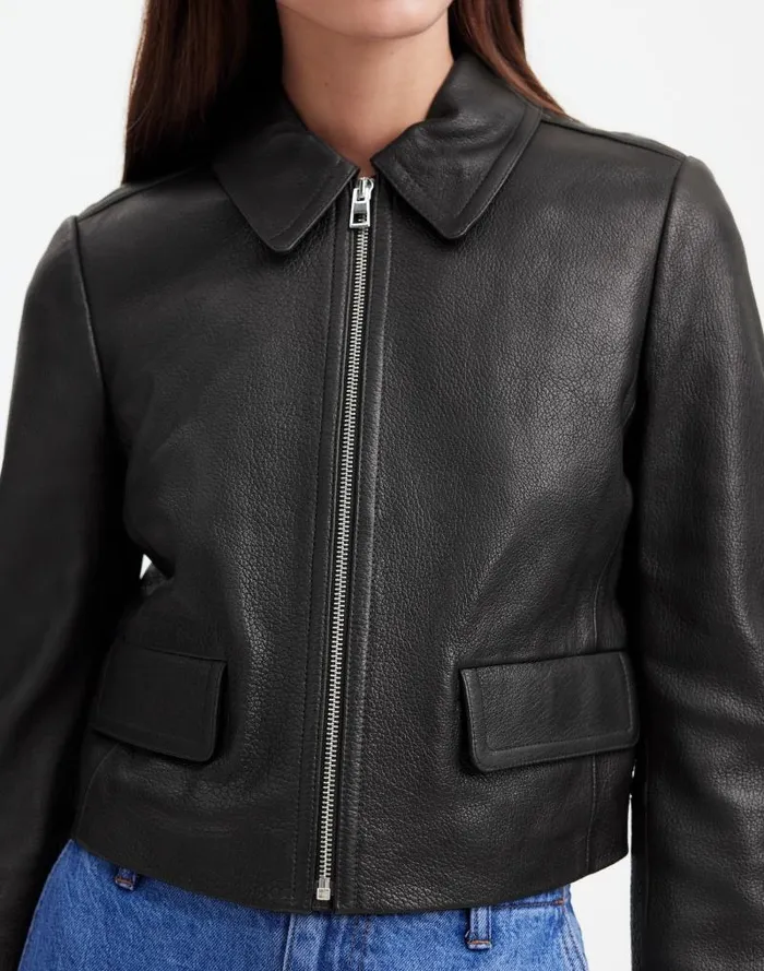Women Shrunken ZipFront Jacket In Leather True Black Madewell Coats Jackets