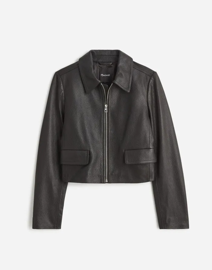 Women Shrunken ZipFront Jacket In Leather True Black Madewell Coats Jackets
