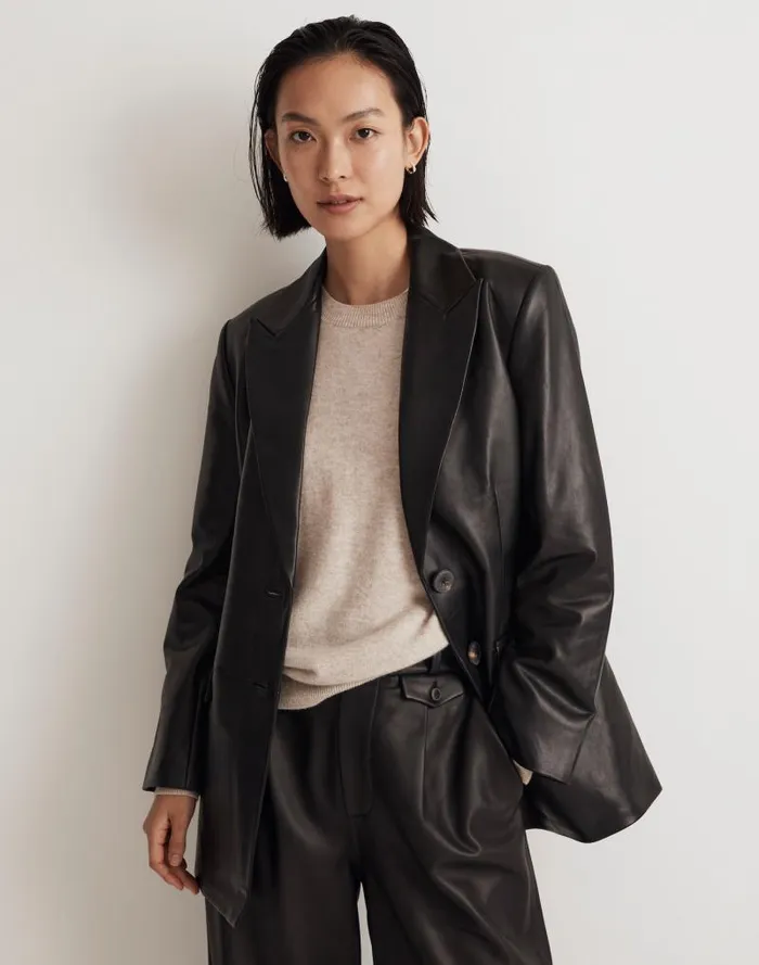 Women The Bedford Oversized Blazer In Leather True Black Madewell Coats Jackets