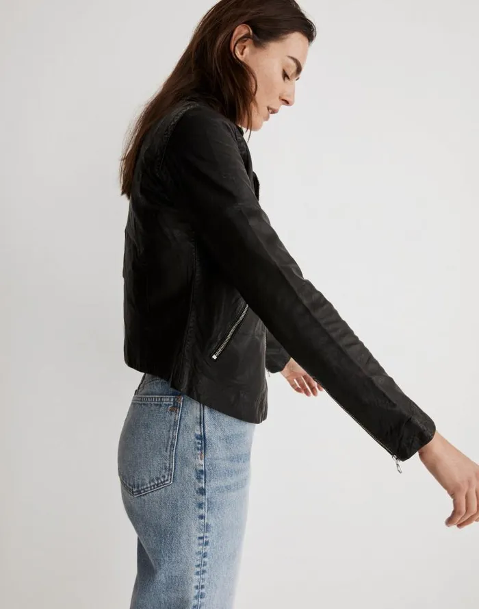 Women The Washed Leather Motorcycle Jacket True Black Madewell Coats Jackets