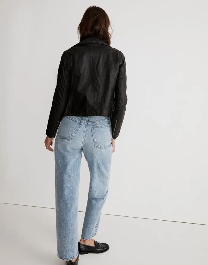 Women The Washed Leather Motorcycle Jacket True Black Madewell Coats Jackets