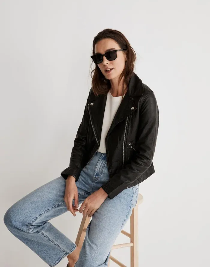 Women The Washed Leather Motorcycle Jacket True Black Madewell Coats Jackets