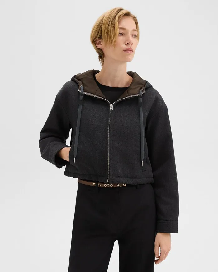 Women Theory Blazers Jackets Cropped ZipUp Hoodie In WoolBlend Twill Charcoal Women Theory Blazers Jackets Cropped ZipUp Hoodie In WoolBlend Twill Charcoal