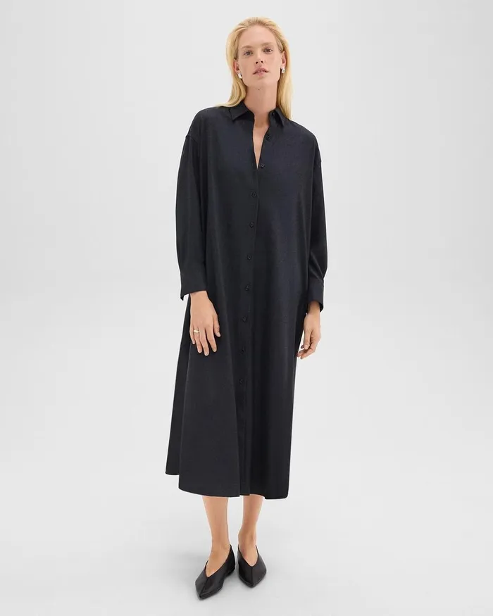 Women Theory Dresses Oversized Shirt Dress In Stretch Flannel Charcoal Melange Women Theory Dresses Oversized Shirt Dress In Stretch Flannel Charcoal Melange