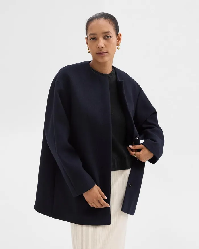Women Theory Outerwear Cape Back Coat In Recycled WoolBlend Melton Baltic