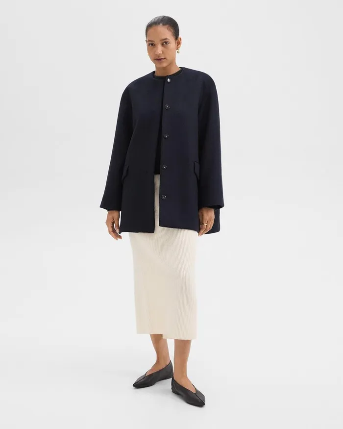 Women Theory Outerwear Cape Back Coat In Recycled WoolBlend Melton Baltic