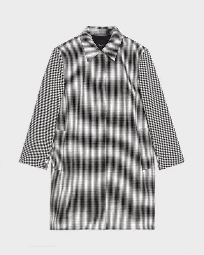 Women Theory Outerwear Car Coat In Checked Stretch Wool Black Multi