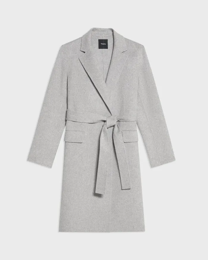 Women Theory Outerwear Wrap Coat In DoubleFace WoolCashmere Melange Grey
