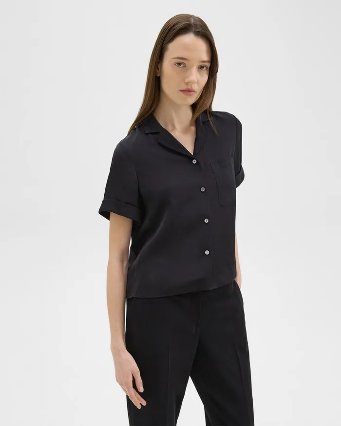 Women Theory Suits Camp Shirt In Silk Georgette Black