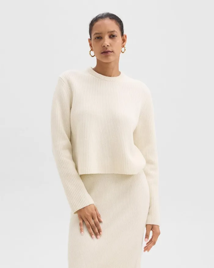 Women Theory Sweaters Cardigans Crewneck Sweater In Felted WoolCashmere Ivory Women Theory Sweaters Cardigans Crewneck Sweater In Felted WoolCashmere Ivory