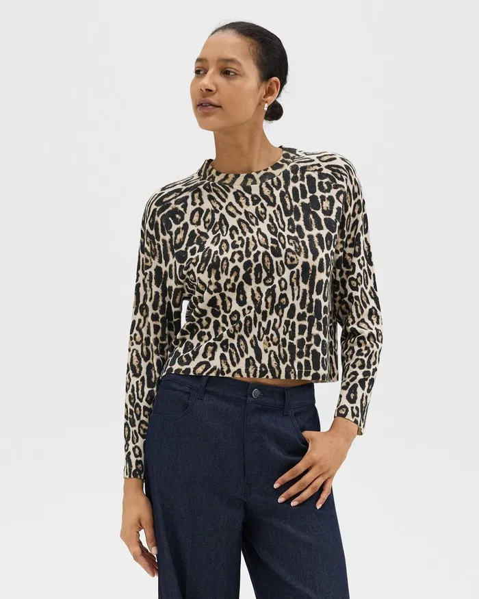 Women Theory Sweaters Cardigans Cropped Leopard Print Sweater In Merino Wool Beige Multi Women Theory Sweaters Cardigans Cropped Leopard Print Sweater In Merino Wool Beige Multi