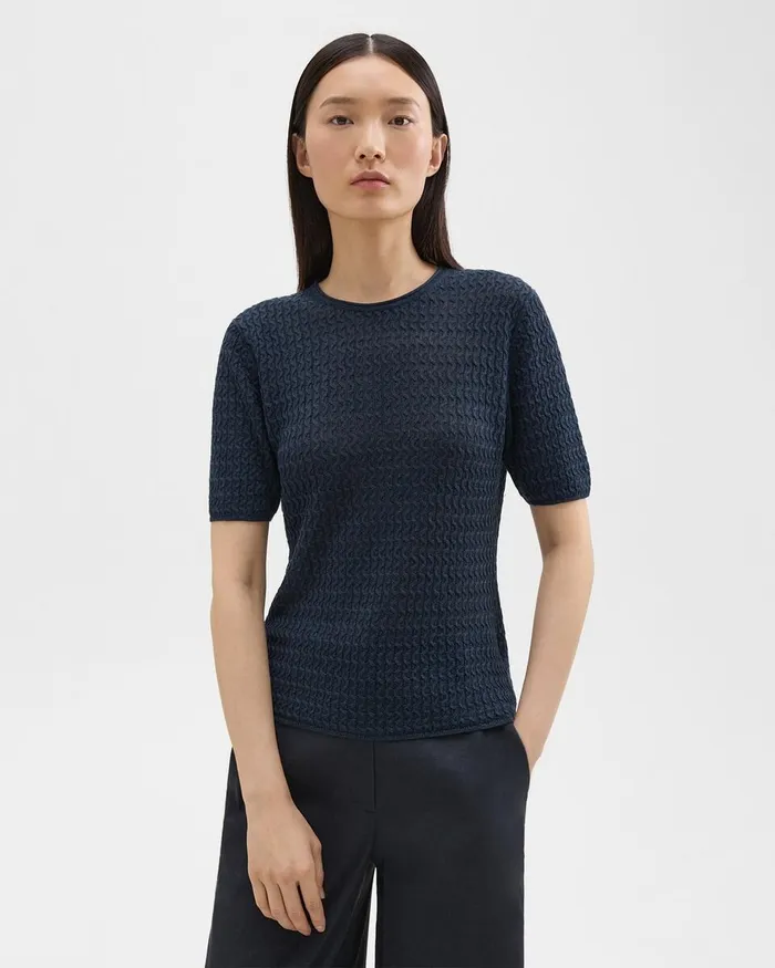 Women Theory Sweaters Cardigans ShortSleeve Sweater In Cable Knit Linen Nocturne Navy Women Theory Sweaters Cardigans ShortSleeve Sweater In Cable Knit Linen Nocturne Navy