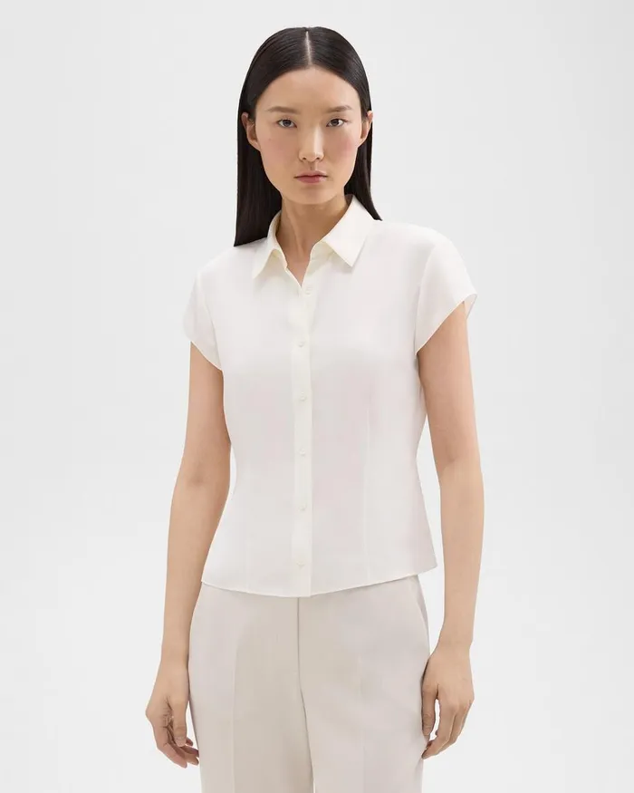 Women Theory Tops Cap Sleeve Shirt In Silk Georgette Ivory