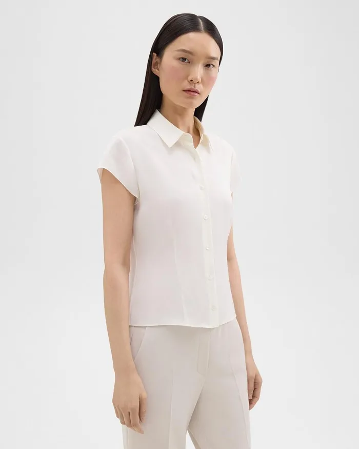 Women Theory Tops Cap Sleeve Shirt In Silk Georgette Ivory