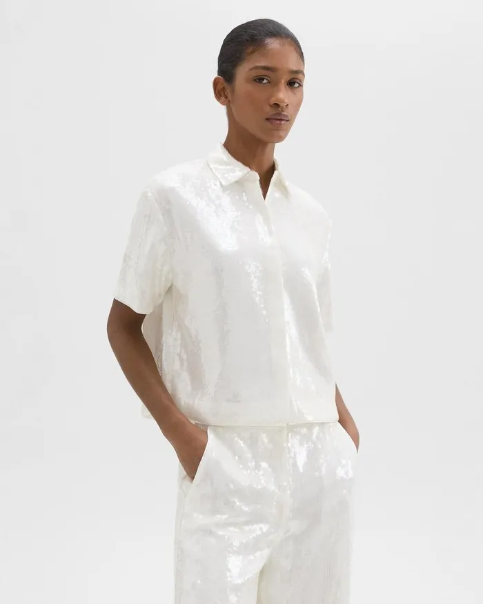 Women Theory Tops Cropped ShortSleeve Shirt In Recycled Sequins White