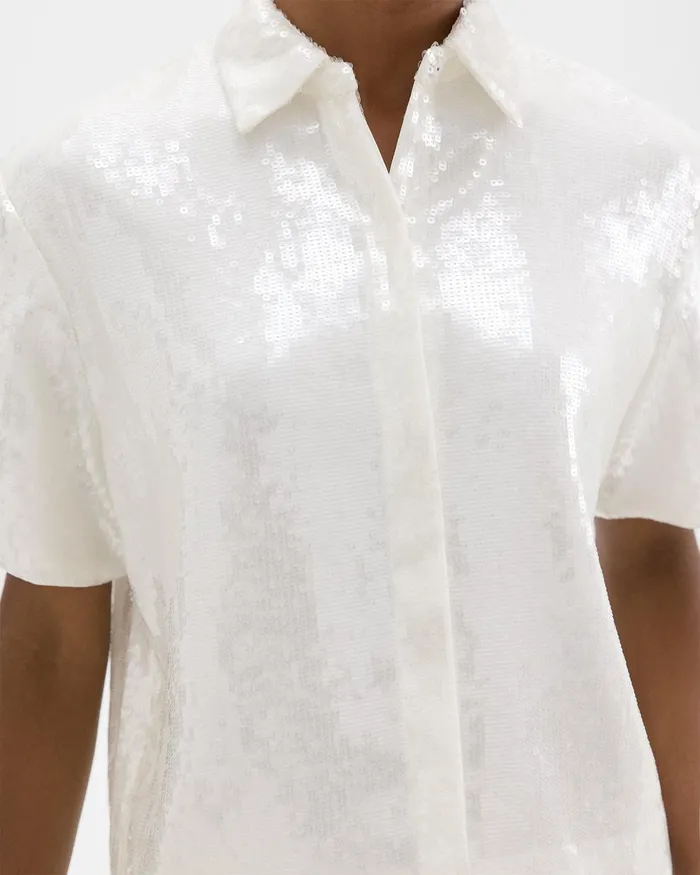Women Theory Tops Cropped ShortSleeve Shirt In Recycled Sequins White
