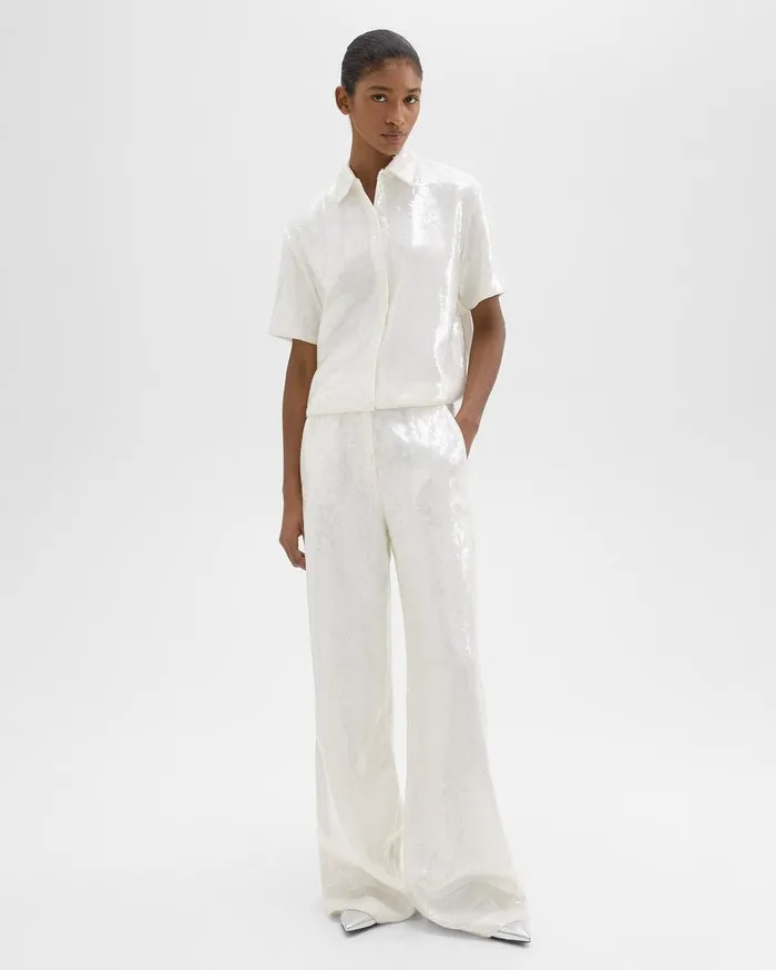 Women Theory Tops Cropped ShortSleeve Shirt In Recycled Sequins White