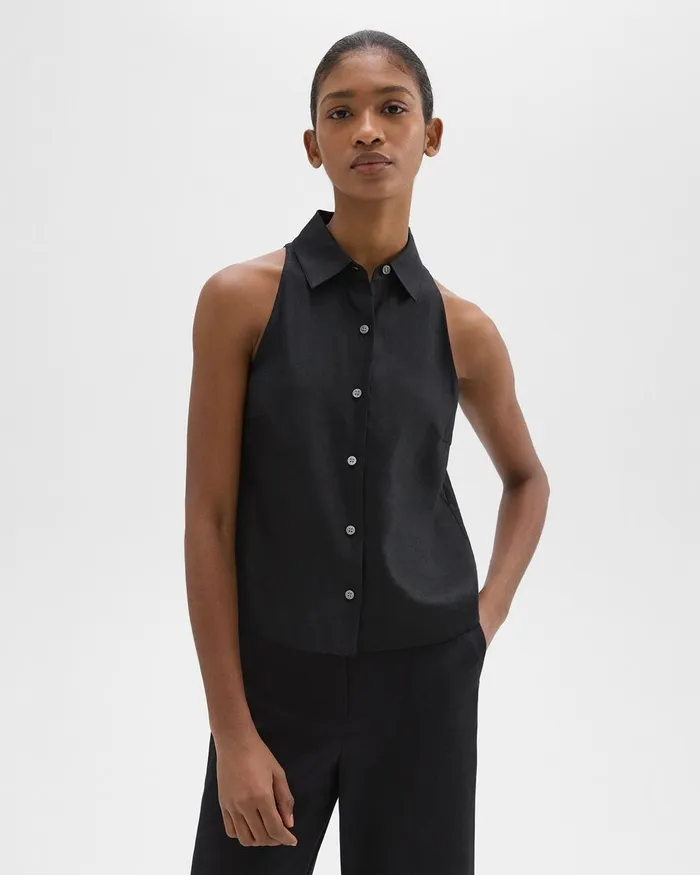 Women Theory Tops Halter Neck Shirt In LinenViscose Black