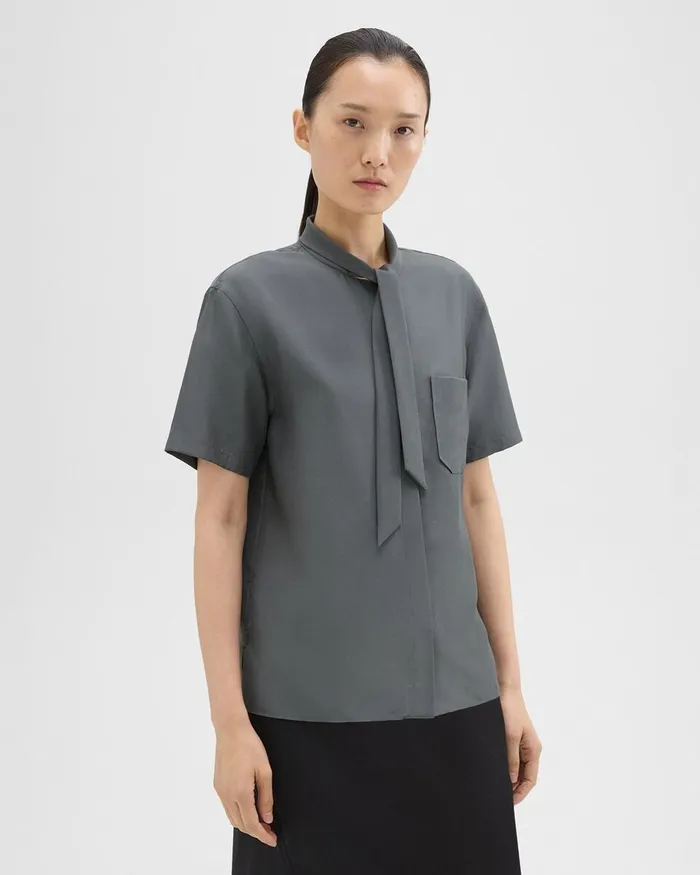 Women Theory Tops Tie Neck Silk Shirt Spruce