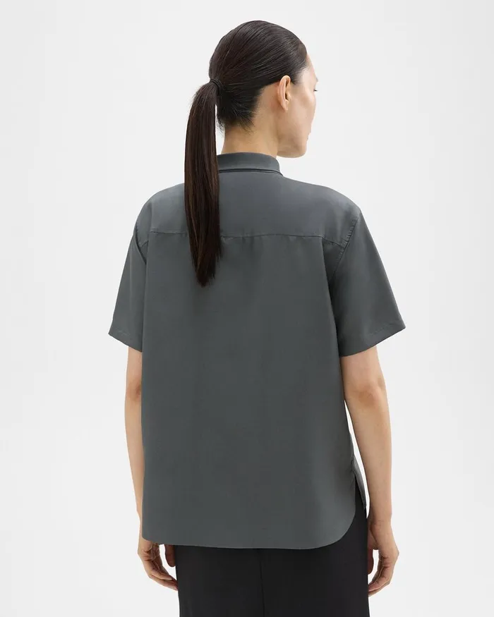 Women Theory Tops Tie Neck Silk Shirt Spruce