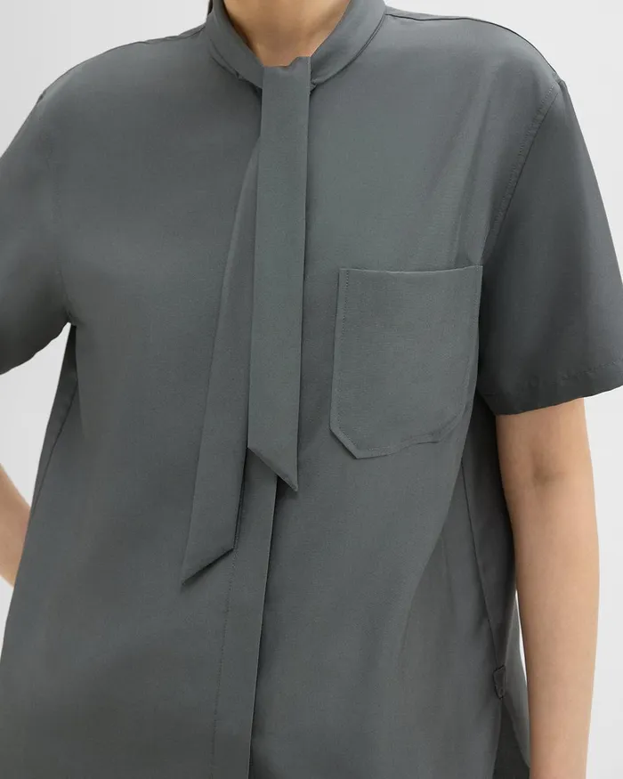 Women Theory Tops Tie Neck Silk Shirt Spruce