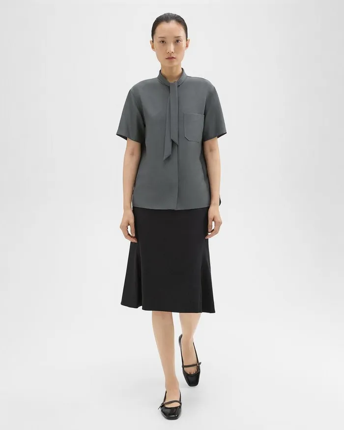 Women Theory Tops Tie Neck Silk Shirt Spruce