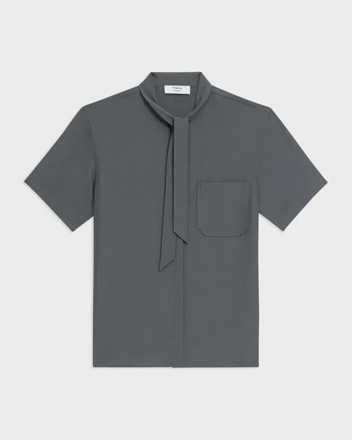 Women Theory Tops Tie Neck Silk Shirt Spruce