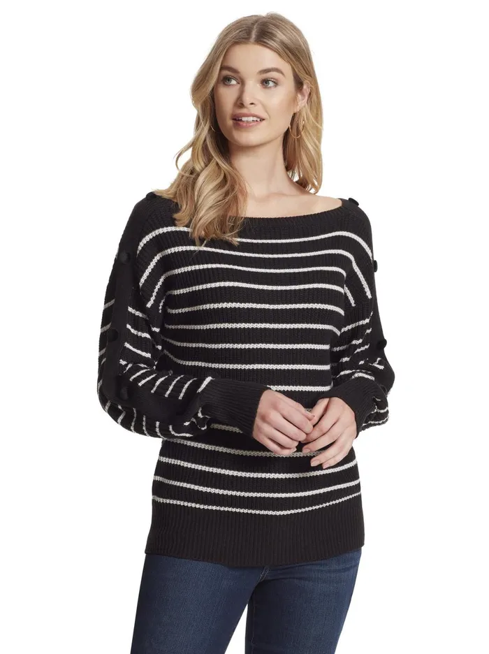 Women Tops Jessica Simpson Adley Sweater In Black and Gardenia Stripe Black And Gardenia Stripe