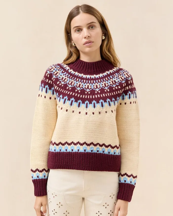 Women Tops Loeffler Randall Florence CreamMaroon Fairisle Sweater