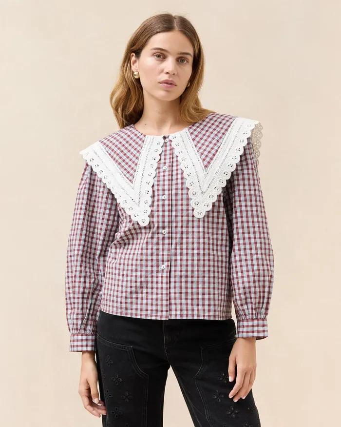 Women Tops Loeffler Randall Ken BlueMaroon Collared Blouse