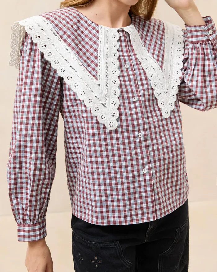 Women Tops Loeffler Randall Ken BlueMaroon Collared Blouse Women Tops Loeffler Randall Ken BlueMaroon Collared Blouse
