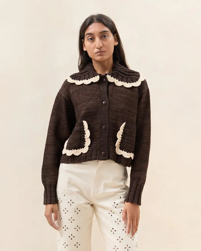 Women Tops Loeffler Randall Lo BrownCream Collared Cardigan L Sweaters and Knits L Apparel Women Tops Loeffler Randall Lo BrownCream Collared Cardigan L Sweaters and Knits L Apparel