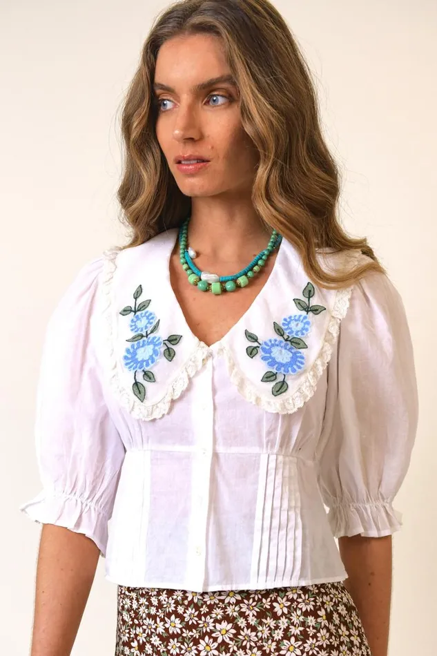 Women Tops RIXO Tuscany Blue Floral Embroidery