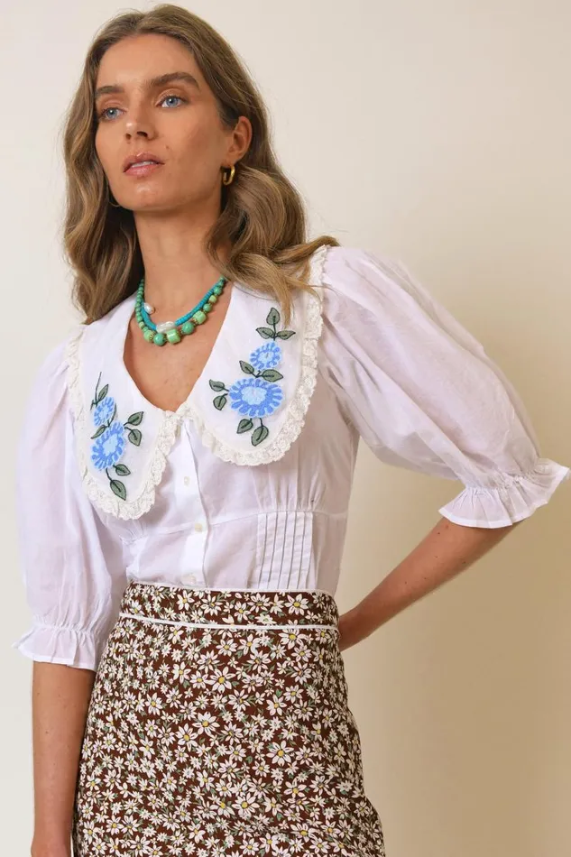 Women Tops RIXO Tuscany Blue Floral Embroidery Women Tops RIXO Tuscany Blue Floral Embroidery