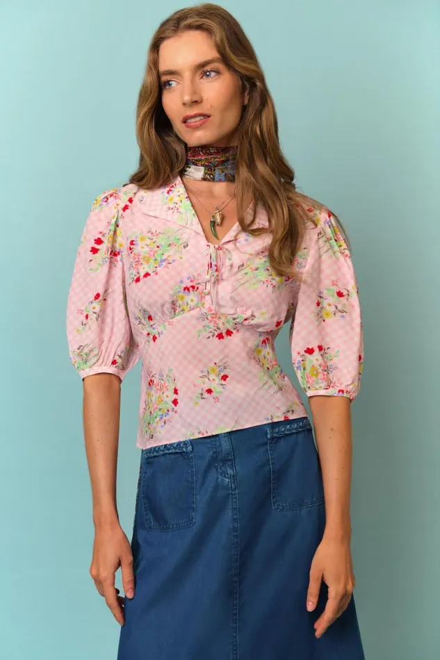 Women Tops RIXO Warner Pink Check Vintage Bunch