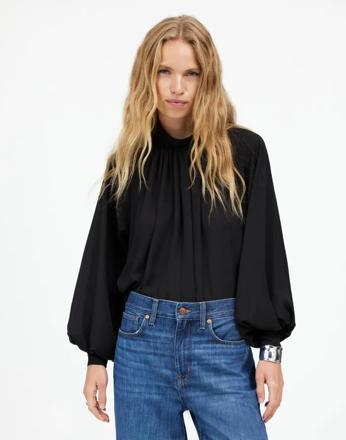 Women Turtleneck LongSleeve Top In Chiffon True Black Madewell Tops and Shirts